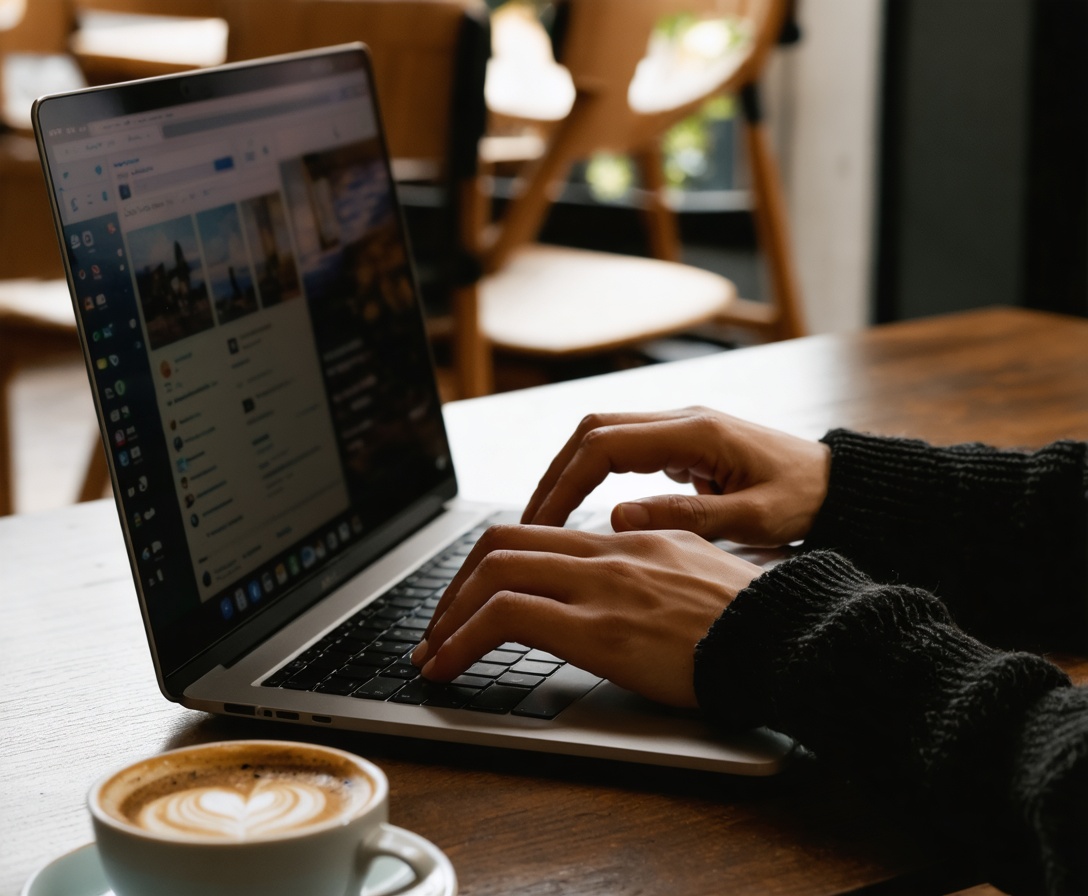 A person typing on a laptop in a cozy cafe with warm lighting