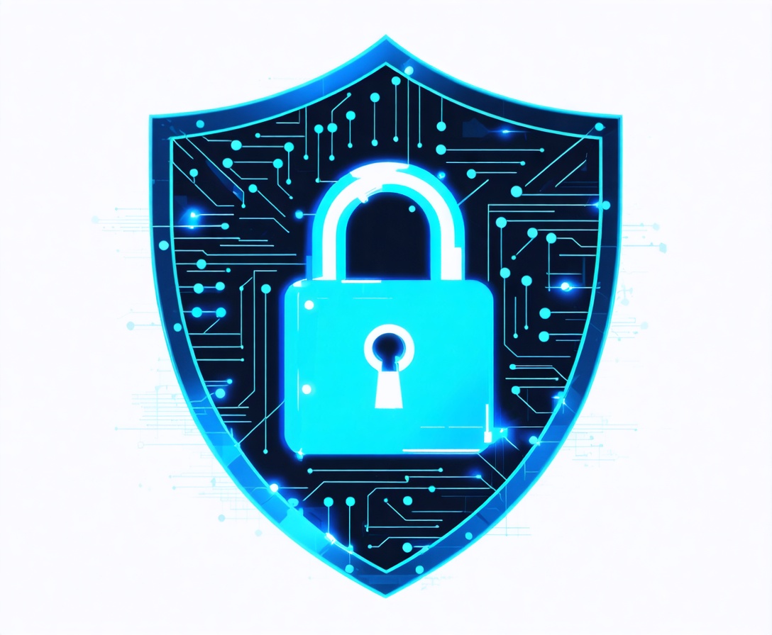 Digital illustration of a shield and a lock for cybersecurity