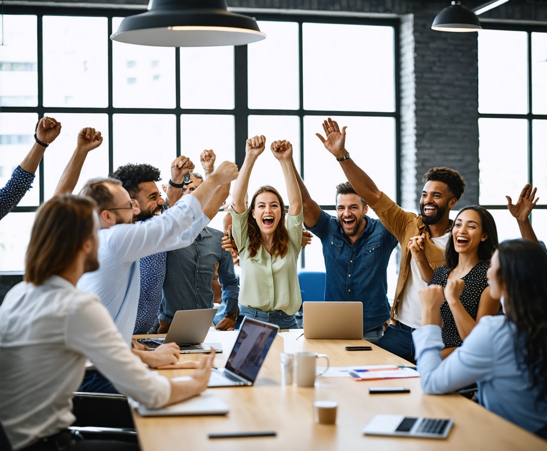 Group of professionals cheering and high-fiving in a conference room