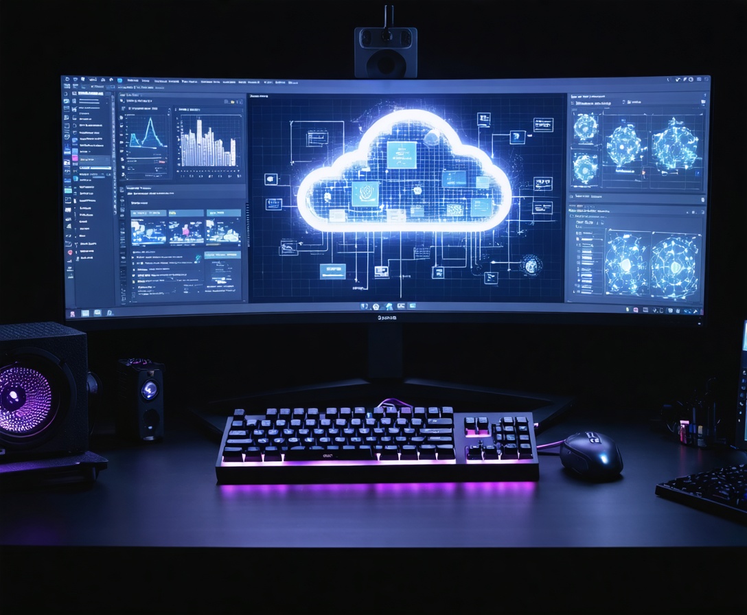 A high-end mechanical keyboard and dual monitor setup