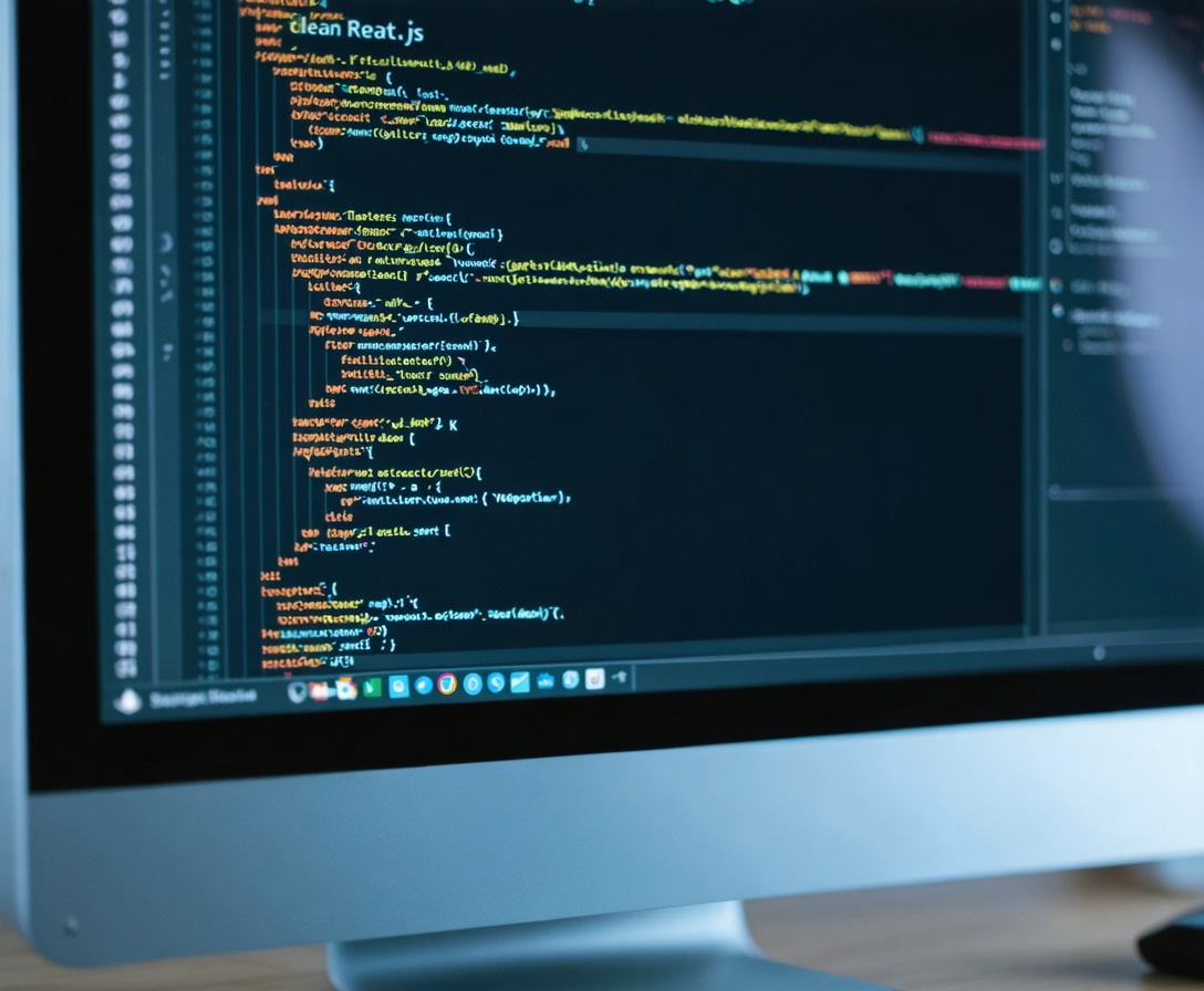 Computer screen displaying clean React.js code with syntax highlighting