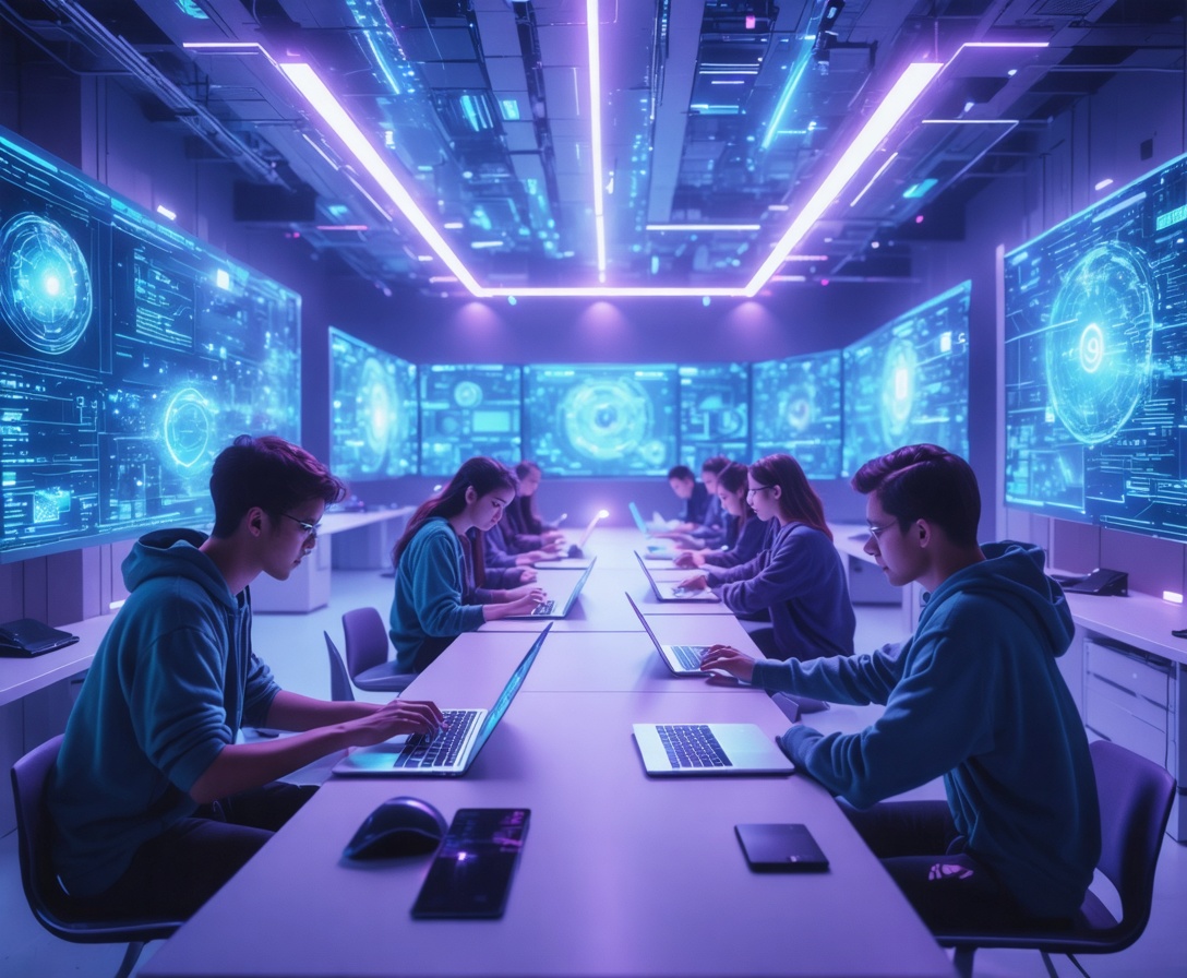 A cinematic view of a futuristic high-tech learning laboratory