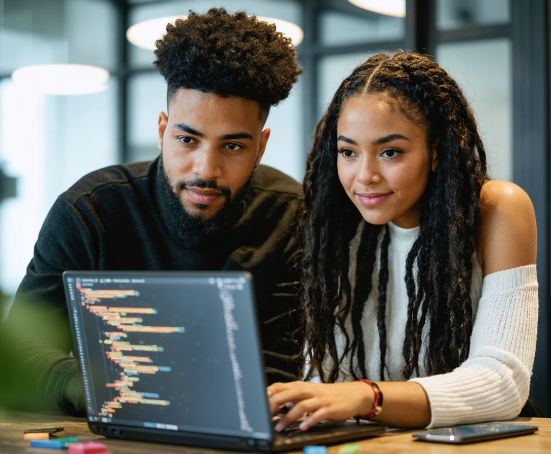 Two diverse adult students collaborating over a technical project