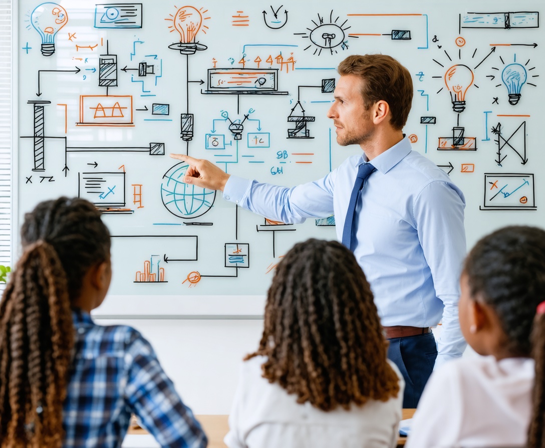 A teacher pointing at a complex system design on a glass whiteboard